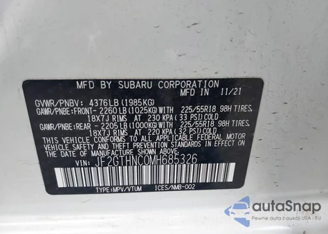 2021 Subaru Crosstrek Limited from USA, damaged, VIN JF2GTHNC0MH685326